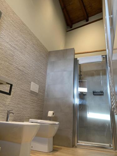 a bathroom with a shower and a toilet and a sink at OTTO AGRITURISMO in Ottobiano