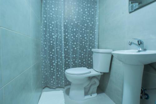 e bagno con servizi igienici, lavandino e doccia. di Malecon Premium Rooms & Hotel a Santo Domingo