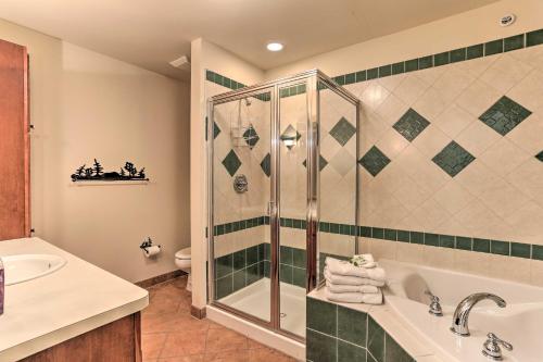 a bathroom with a shower and a sink at Mountain Creek Resort Home - Hot Tub and Pool Access in Vernon Township