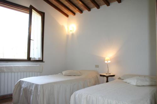 two beds in a white room with a window at Graziosa casetta con Piscina in Castagneto Carducci