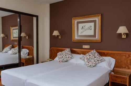 a bedroom with two beds and a mirror at Hotel Don Carmelo in Ávila