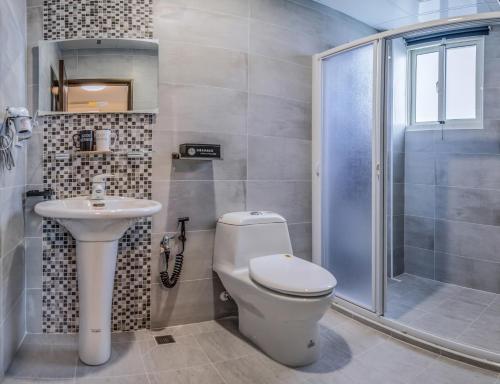 een badkamer met een toilet, een douche en een wastafel bij Follow Me Travel Homestay in Ruisui