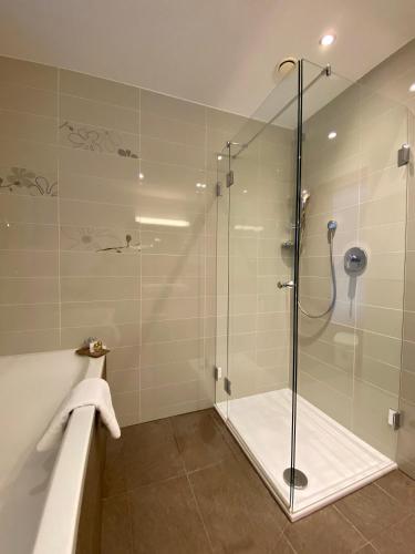 a shower with a glass door in a bathroom at Apart-Elisabeth in Mieming