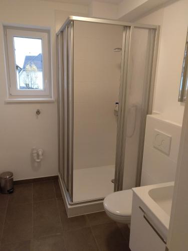 a bathroom with a shower and a toilet and a window at Apartments Blütenweg in Leichlingen