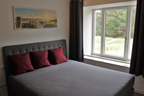 Schlafzimmer mit einem Bett mit roten Kissen und einem Fenster in der Unterkunft Bruchbude mit Meerblick in Binz