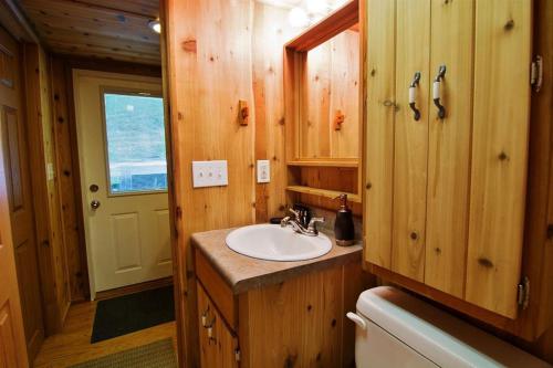 baño con lavabo en una cabaña de madera en Family Cabin on 6 Acres with Lake Access and Hot Tub!, en Springfield
