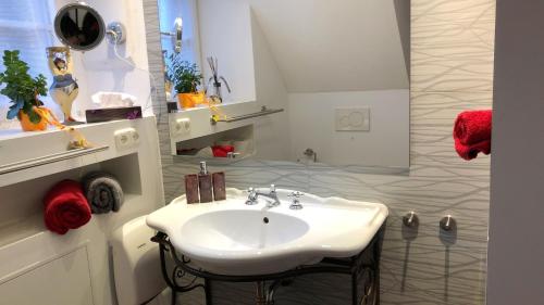 a white bathroom with a sink and a shower at Historisches Ferienhaus Veste Dilsberg in Neckargemünd