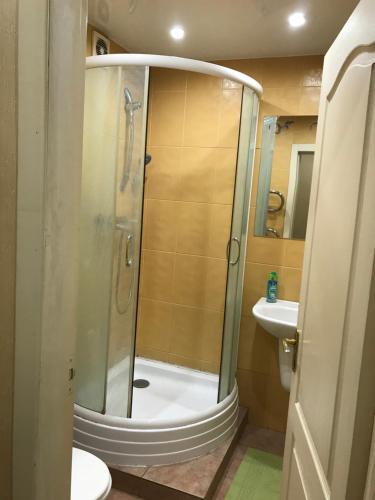 ein Bad mit einer Dusche, einem WC und einem Waschbecken in der Unterkunft Квартира Апполо in Dnipro