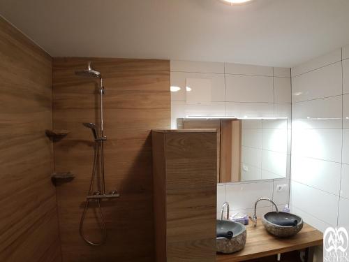 a bathroom with a shower and a sink at DAVID SUITEN in Mauterndorf