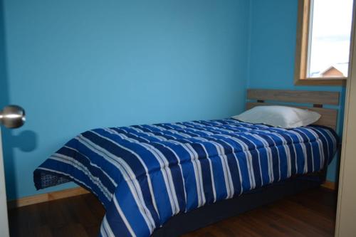 1 dormitorio azul con 1 cama con pared azul en Sima Michi, en Puerto Natales