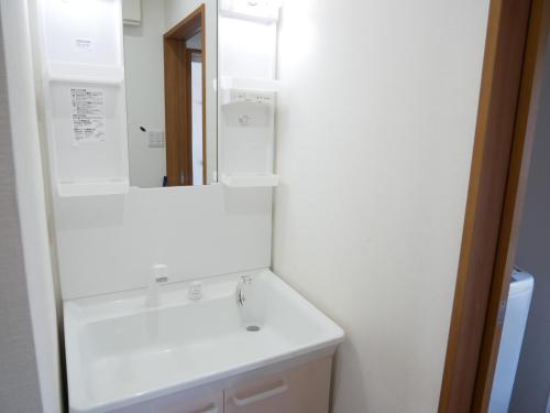 a bathroom with a sink and a mirror at 子供部屋のある一棟貸切り 奄宿り Amayadori in Amami