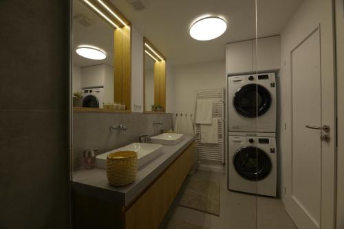 a bathroom with a sink and a washing machine at Apartman D304 in Vysoke Tatry - Stary Smokovec