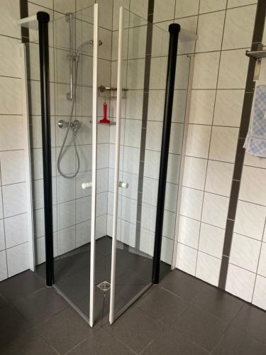 a shower with a glass door in a bathroom at Landhaus Kiesow in Suderburg