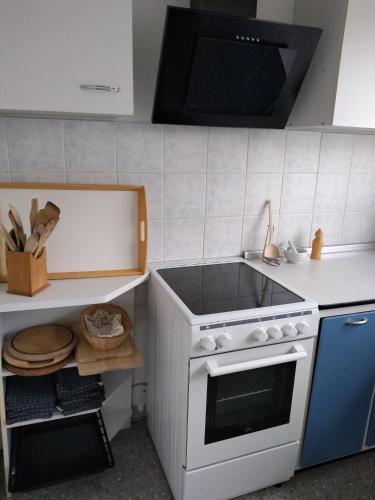 a kitchen with a white stove and a sink at Charmantes Ferienhaus in Nordfriesland in Humptrup