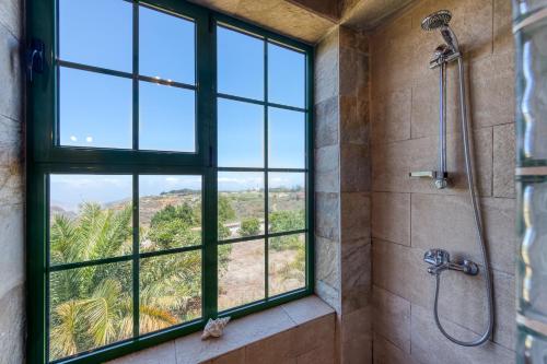a bathroom with a shower and a large window at Villa Rural EL Poleo D&R con Piscina Climatizada Privada y Solárium in Pico de Viento