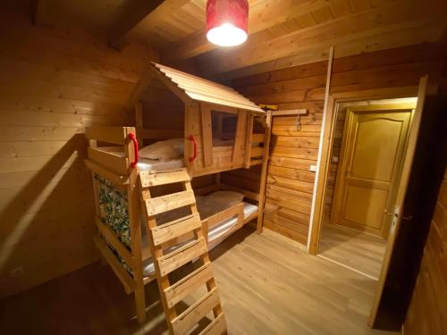 a bunk bed in a wooden cabin with a ladder at le refuge des Marmottes in Saint-Laurent-du-Jura