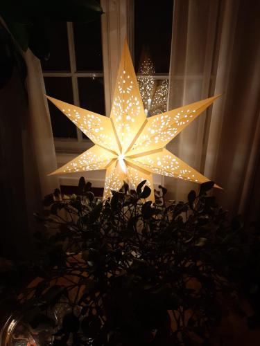 a large star with lights in a room at Willa Marysin in Maków Podhalański