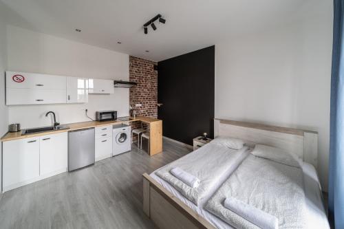 duża sypialnia z łóżkiem i kuchnią w obiekcie Black & White Vision Apartment - Centrum w mieście Opole