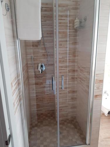 a shower with a glass door in a bathroom at Appartamento Rosalba in Asti
