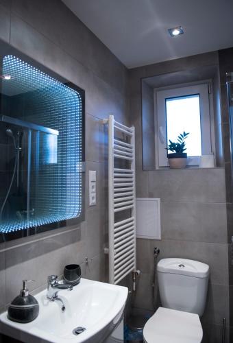 a bathroom with a sink and a toilet and a window at A&S Apartaments - RELAX in Wałbrzych