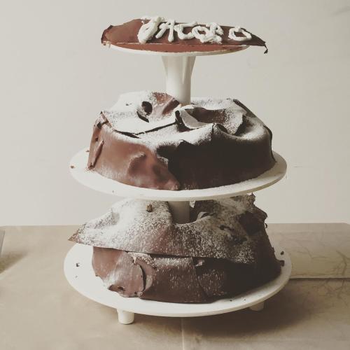 a three tiered chocolate cake with a mushroom on top at Hotel Villa Cinzia in Villanova Mondovì