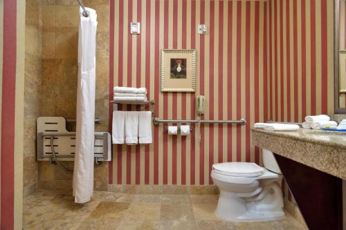 baño con pared de rayas rojas y blancas en Holiday Inn Express Hotel & Suites DFW West - Hurst, an IHG Hotel, en Hurst