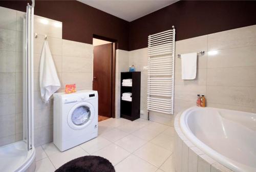 a bathroom with a washing machine and a bath tub at Apartament Łukaszówki in Zakopane