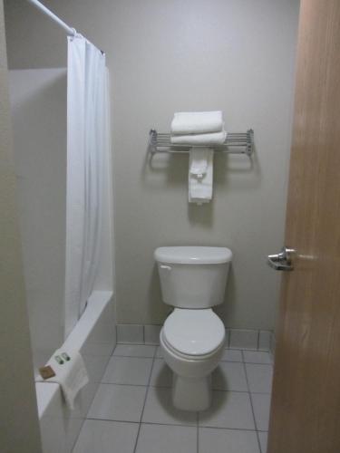 a bathroom with a toilet and a shower and towels at Travelodge by Wyndham Pecos in Pecos