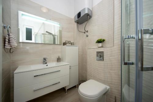 a bathroom with a toilet and a sink and a mirror at Sibenik city center Apartment Sonia in Šibenik