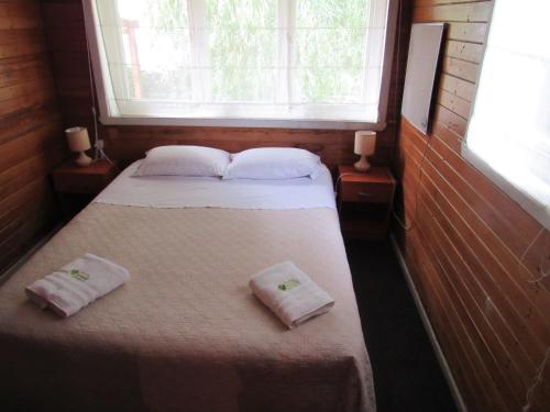 a small room with a bed with two pillows and a window at La Guapa Hostel in Puerto Varas