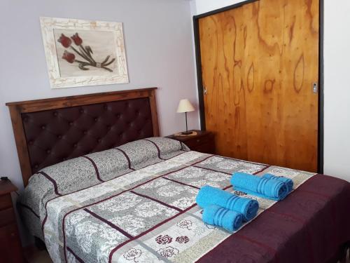 Un dormitorio con una cama con almohadas azules. en SanCar Departamento Edificio Jardín -Carlos Paz en Villa Carlos Paz