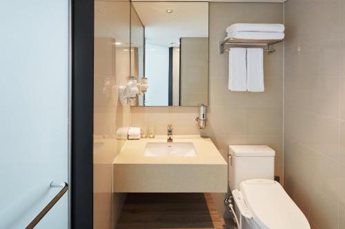 首爾的住宿－首爾弘大智選假日飯店，一间带水槽、卫生间和镜子的浴室