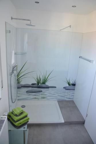 a bathroom with a shower and a bath tub at Ferienwohnung Lakewinds in Meersburg
