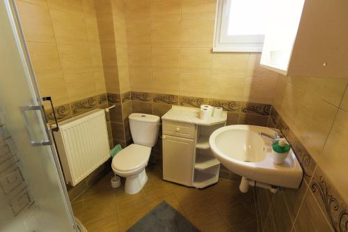 a small bathroom with a toilet and a sink at Ubytovanie Emka in Hrabušice