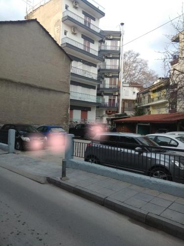 a city street with cars parked on the side of the road at Hotel Elena in Edessa