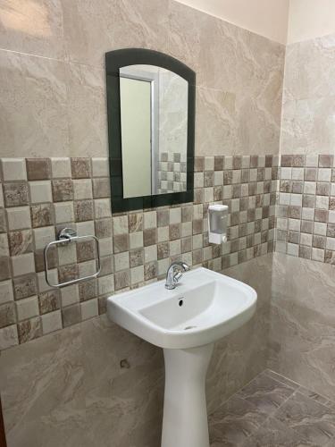 a bathroom with a sink and a mirror at Backpackers Den in Lucknow