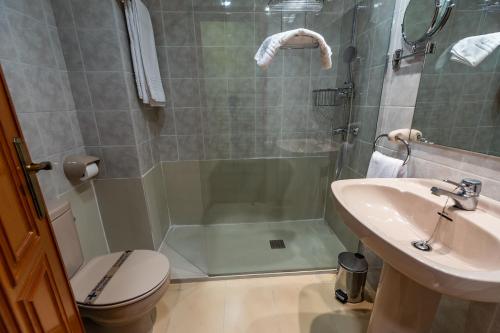 a bathroom with a shower and a toilet and a sink at Hotel de Montaña Rubielos in Rubielos de Mora