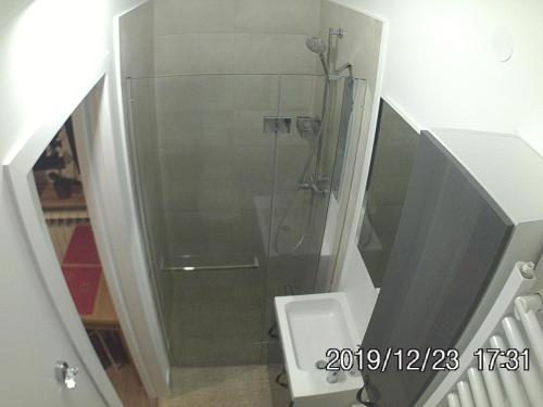 La salle de bains est pourvue d'une douche en verre et de toilettes. dans l'établissement Rent0nline Brwinow Rooms, à Brwinów
