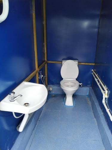 niebieska łazienka z toaletą i umywalką w obiekcie Ooty Dormitories w mieście Utakamand