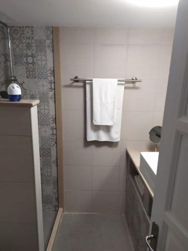 a bathroom with a shower and a white towel at Kalymnos Studio just4two in Kalymnos