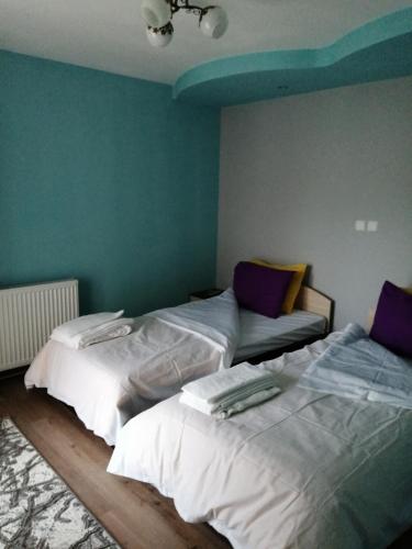 two beds in a room with green walls at Къща За Гости Уют Guest House Cozy in Starosel