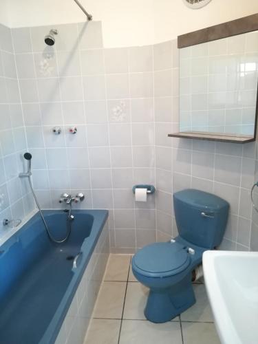 a bathroom with a blue toilet and a bath tub at Rockview Guest House in Port Edward