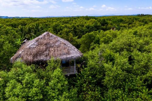 a thatch hut in the middle of a forest at Mermaid Cabana and Tree Houses in Tangalle