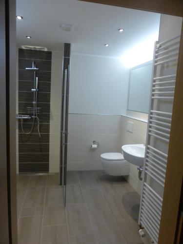 ein Bad mit einem WC, einer Dusche und einem Waschbecken in der Unterkunft Ferienwohnung Bredehöft in Gnarrenburg