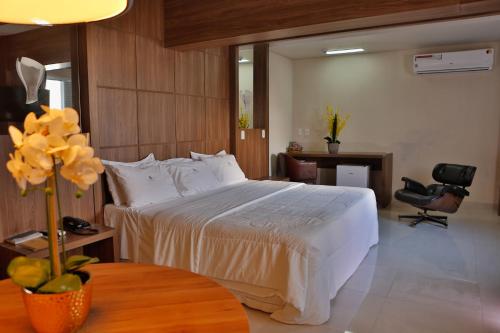 1 dormitorio con cama, escritorio y silla en Agulhon Hotel, en Primavera do Leste