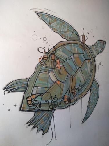 a drawing of a turtle with a ship on its back at Viraj's Garden in Tangalle