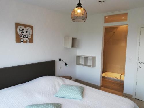 een slaapkamer met een bed met een lamp en een badkamer bij La Balade d'Annie in Trooz