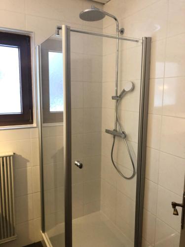 una ducha con puerta de cristal en un baño en Haus JoLoMo, en Mallnitz