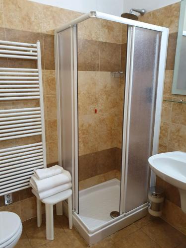 a shower in a bathroom with a toilet and a sink at Hotel San Giorgio in Bergamo