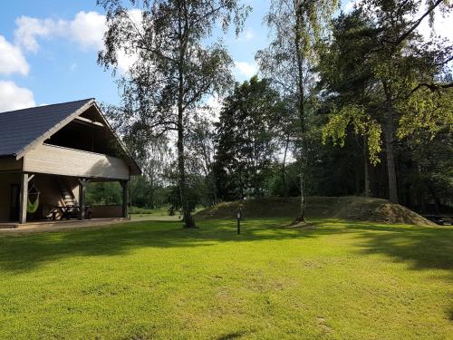 a pavilion in a grassy field next to a forest at Sea House Dzelmes in Mazirbe